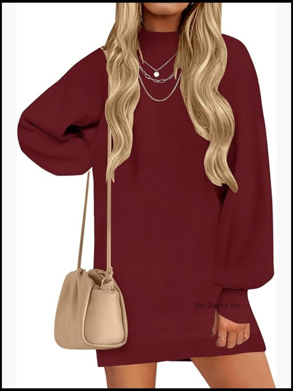 Oversized Long Lantern Sleeve Turtleneck Sweater Dress Mini Knit Pullover